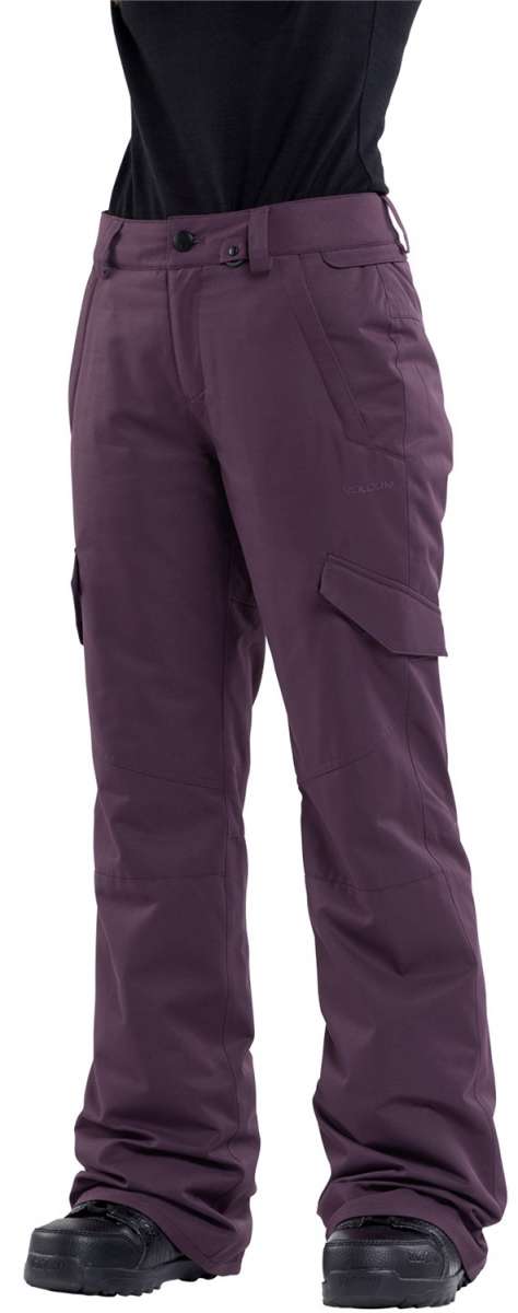 Volcom Women's Bridger Insulated Pant - A pair of insulated ski pants with a subtle pattern on the side pocket and a black zipper pull.