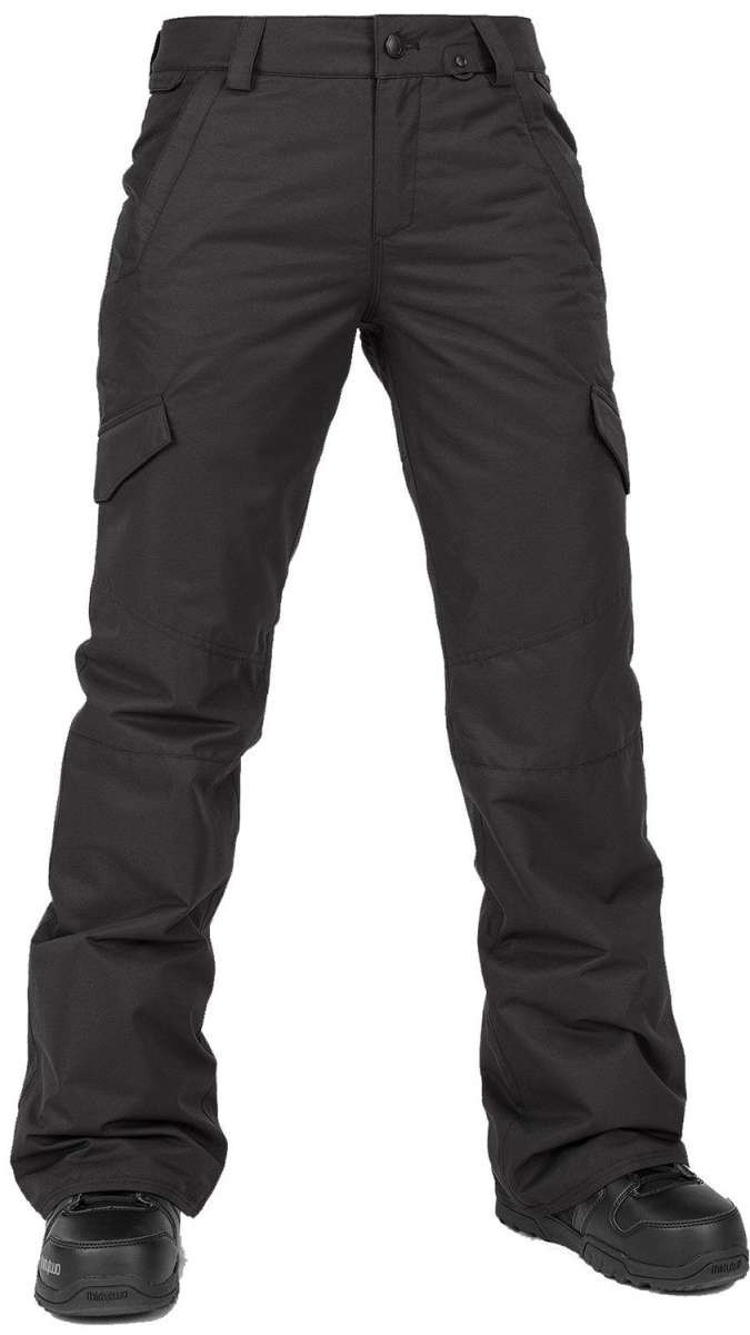 Volcom Women's Bridger Insulated Pant 2024 - Black snow pants with zippered pockets and adjustable cuffs.