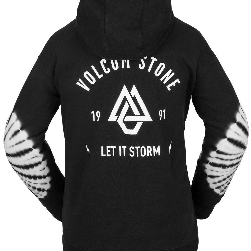 Volcom Women's Costus Pull-Over Fleece 2023 - A black fleece hoodie with a white logo on the chest and a drawstring hood.