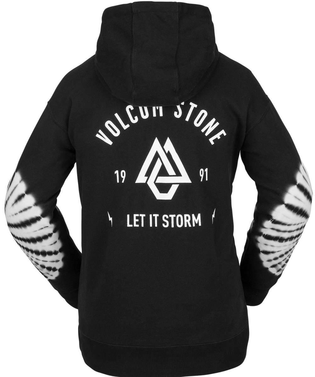 Volcom Women's Costus Pull-Over Fleece 2023 - A black fleece hoodie with a white logo on the chest and a drawstring hood.