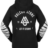 Volcom Women's Costus Pull-Over Fleece 2023 - A black fleece hoodie with a white logo on the chest and a drawstring hood.
