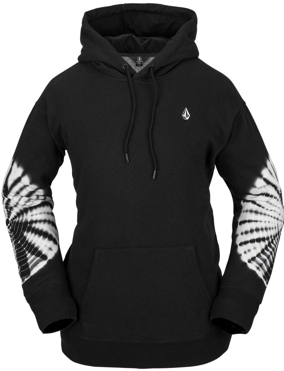 Volcom Women's Costus Pull-Over Fleece 2023 - A black fleece hoodie with a white logo on the upper left chest and a drawstring hood.