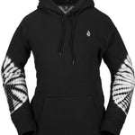 Volcom Women's Costus Pull-Over Fleece 2023 - A black fleece hoodie with a white logo on the upper left chest and a drawstring hood.