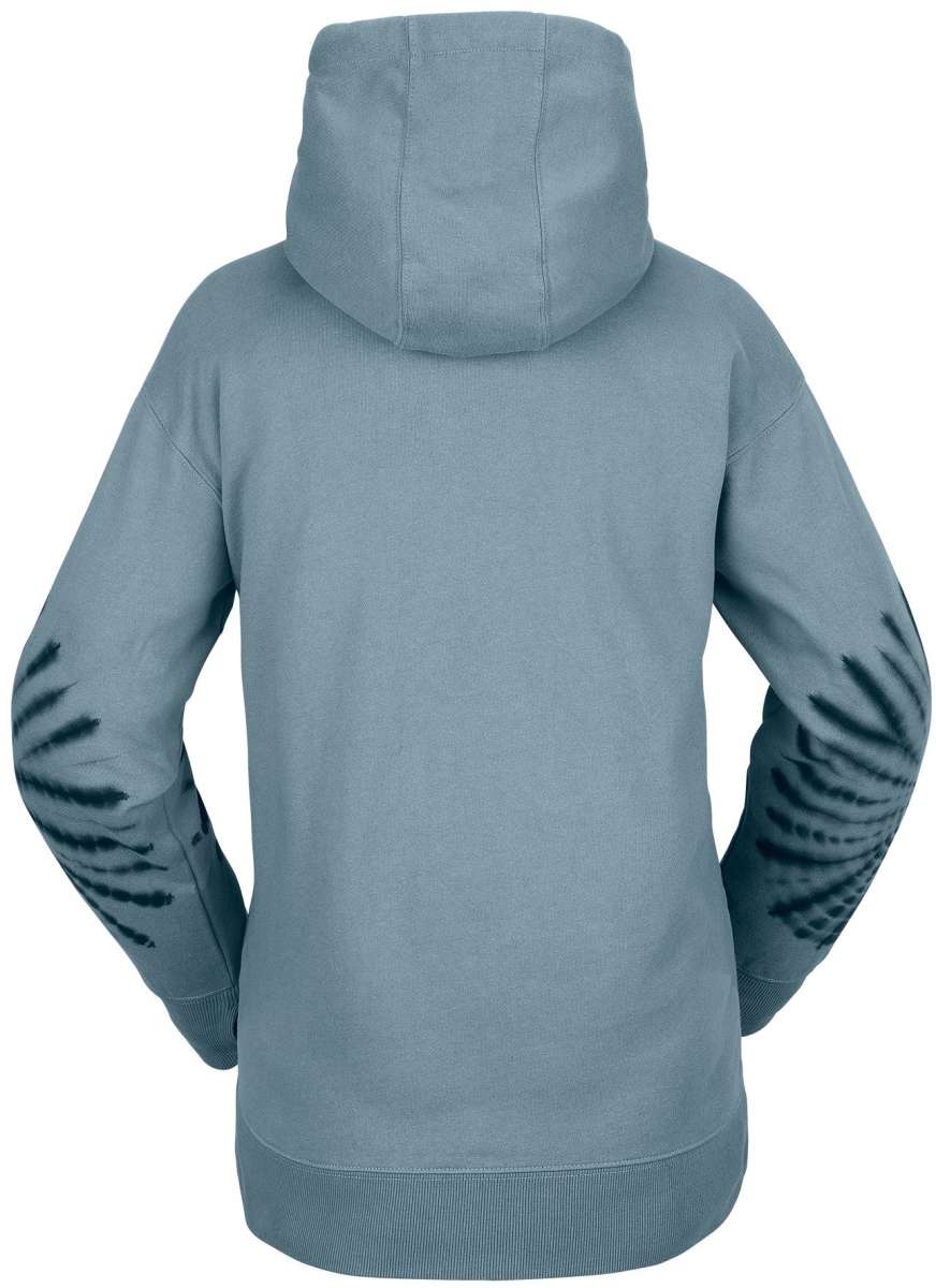 Volcom Women's Costus Pull-Over Fleece 2023 - A light blue fleece hoodie with a kangaroo pocket and drawstring hood.