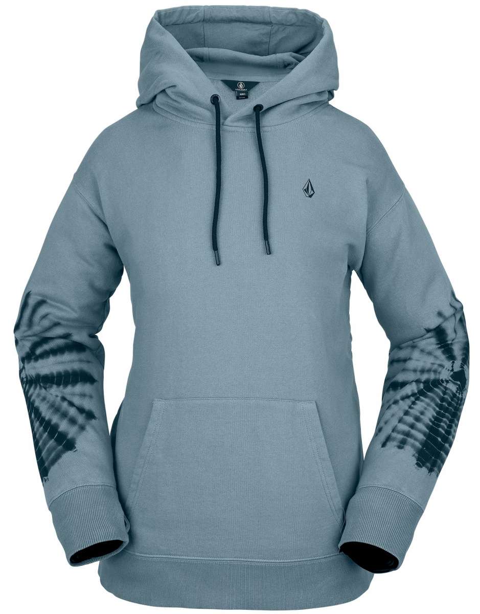 Volcom Women's Costus Pull-Over Fleece 2023 - A light blue fleece hoodie with a kangaroo pocket and drawstring hood.