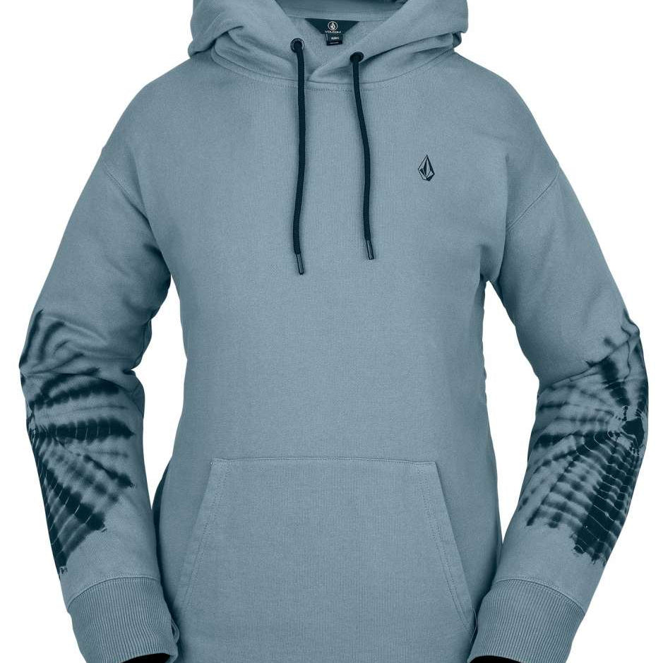 Volcom Women's Costus Pull-Over Fleece 2023 - A light blue fleece hoodie with a kangaroo pocket and drawstring hood.