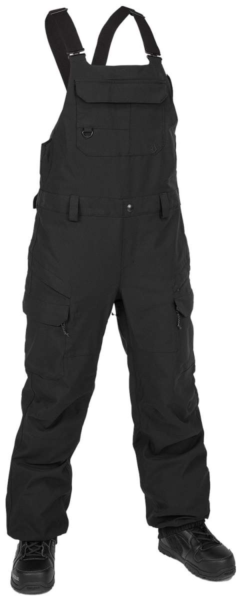 Volcom Women's Creston 3D Stretch Bib Pant - Black bib pants with a subtle pattern of thin, darker lines on the upper thigh area.