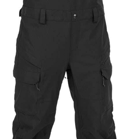 Volcom Women's Creston 3D Stretch Bib Pant - Black bib pants with a subtle pattern of thin, darker lines on the upper thigh area.