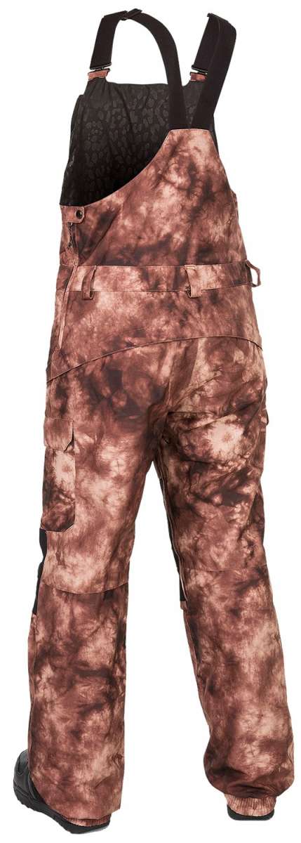 Volcom Women's Creston 3D Stretch Bib Pant - Brown bib pants with a subtle floral pattern on the upper thigh area.