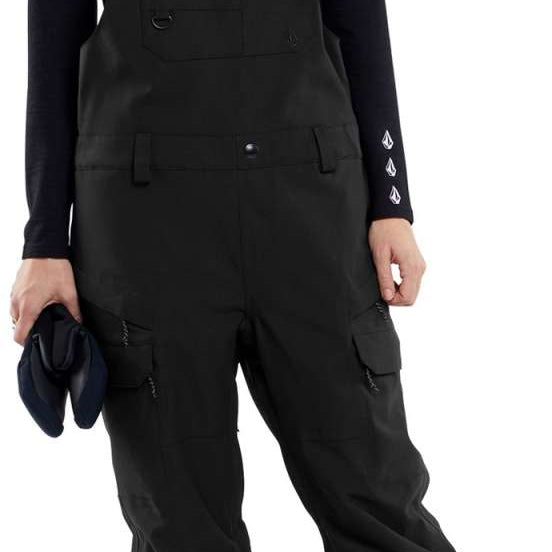 Volcom Women's Creston 3D Stretch Bib Pant - Black bib pant with white logo on left leg and adjustable straps.