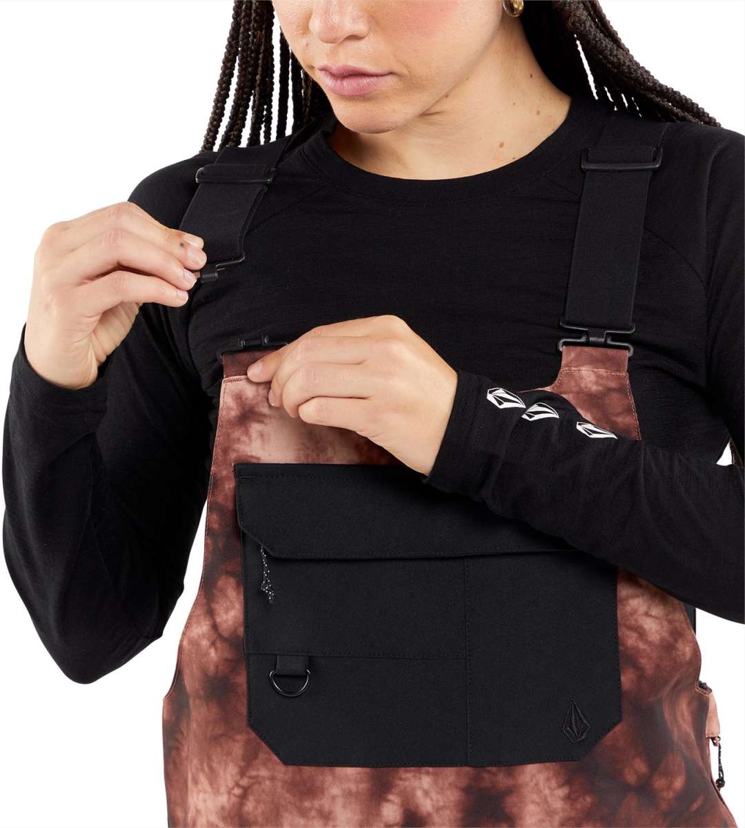 Volcom Women's Creston 3D Stretch Bib Pant - Black bib pant with a subtle white pattern on the side of the leg.