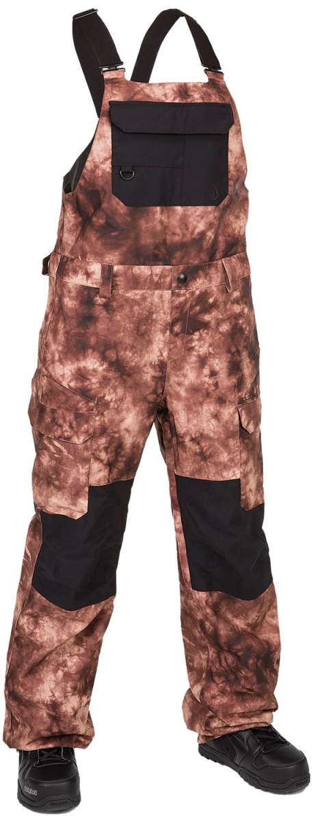 Volcom Women's Creston 3D Stretch Bib Pant - Brown bib pants with a subtle floral pattern and black accents on the pockets.