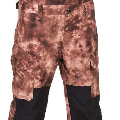 Volcom Women's Creston 3D Stretch Bib Pant - Brown bib pants with a subtle floral pattern and black accents on the pockets.