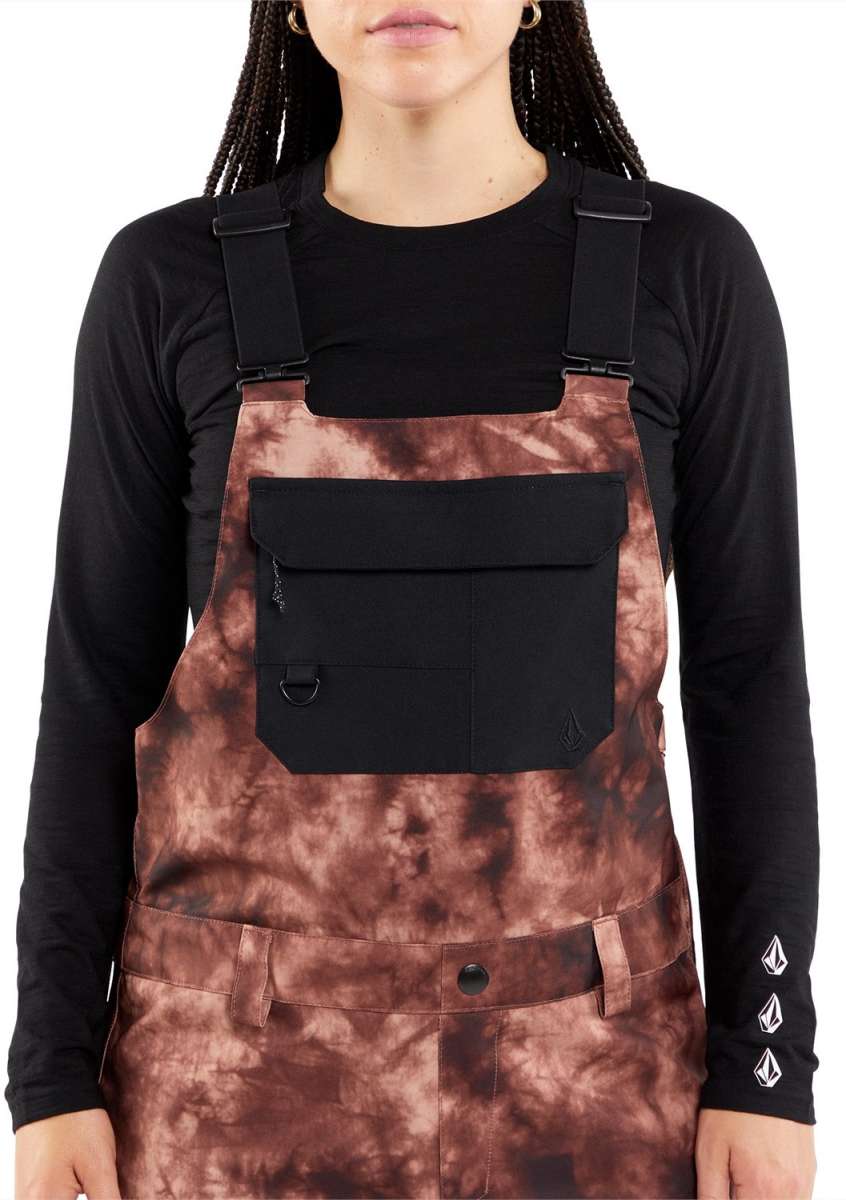 Volcom Women's Creston 3D Stretch Bib Pant - Black bib pants with a subtle white pattern on the upper thigh area.