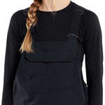 Volcom Women's Creston 3D Stretch Bib Pant - Black bib pants with a subtle pattern of thin white lines on the upper thigh area.