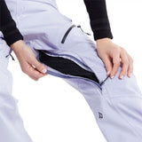 Volcom Women's Elm Stretch GORE-TEX Bib Pant - A pair of light purple snow pants with a black zipper on the side and a small logo on the left leg.