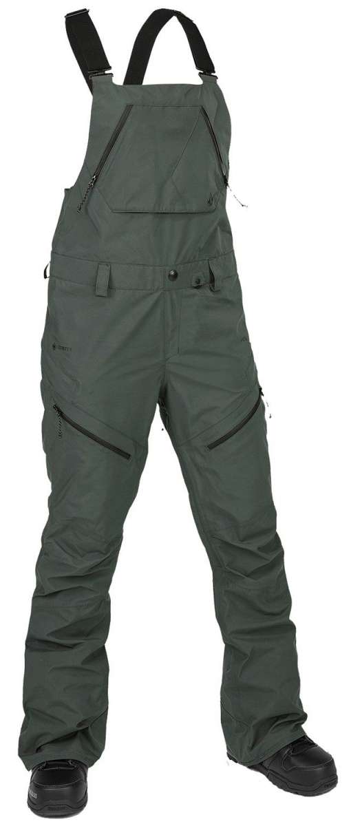 Volcom Women's Elm Stretch GORE-TEX Bib Pant - Dark green bib pant with black hardware and a geometric pattern on the side pocket.