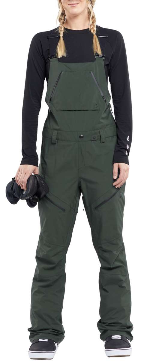 Volcom Women's Elm Stretch GORE-TEX Bib Pant - Dark green bib pant with black zippers and adjustable straps on shoulders.