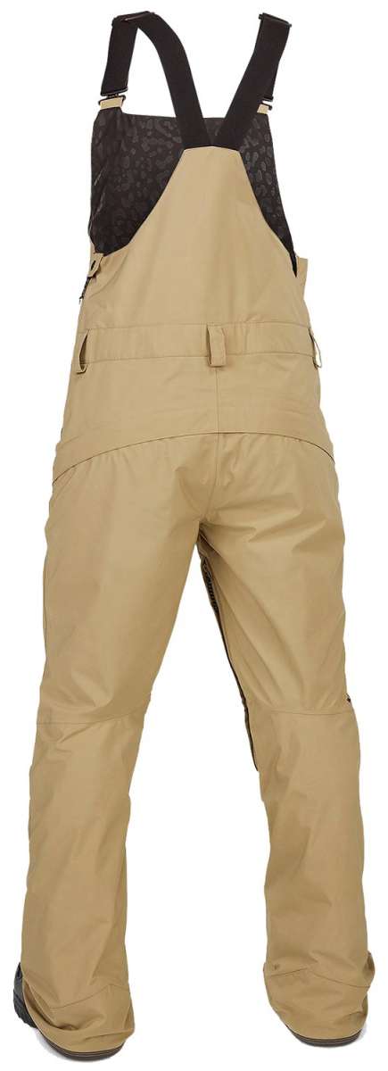Volcom Women's Elm Stretch GORE-TEX Bib Pant - Black bib with a subtle leopard print pattern on the upper back and sides, featuring adjustable straps and multiple pockets.