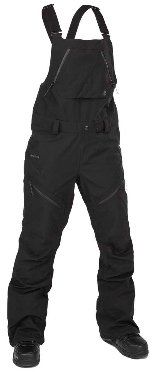 Volcom Women's Elm Stretch GORE-TEX Bib Pant - Black bib pant with diagonal white and blue stripes on the side of the leg.