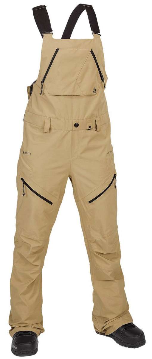 Volcom Women's Elm Stretch GORE-TEX Bib Pant - Beige bib pants with black zippers and adjustable straps.