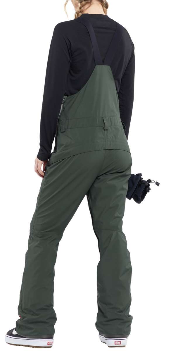 Volcom Women's Elm Stretch GORE-TEX Bib Pant - Dark green bib pant with a stretchy material and GORE-TEX logo on the left leg.