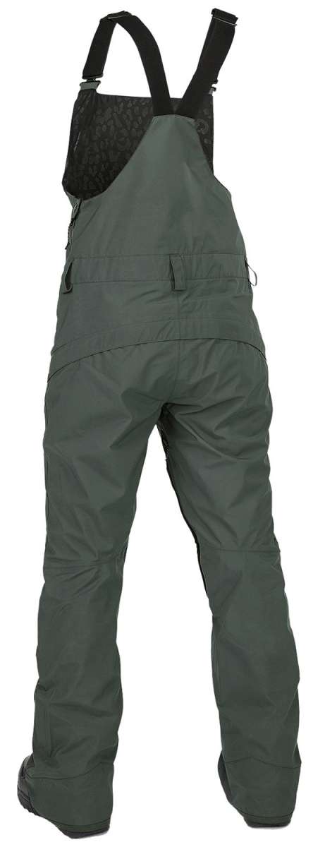 Volcom Women's Elm Stretch GORE-TEX Bib Pant - Dark green bib pant with black straps and a quilted pattern on the upper back.