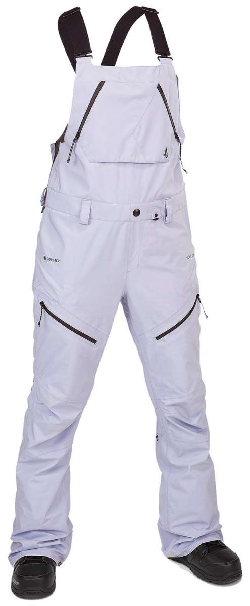 Volcom Women's Elm Stretch GORE-TEX Bib Pant - White bib pant with black zippers and adjustable straps.