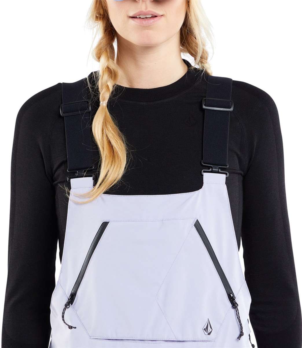 Volcom Women's Elm Stretch GORE-TEX Bib Pant - White bib pant with black straps and a small logo on the right leg.