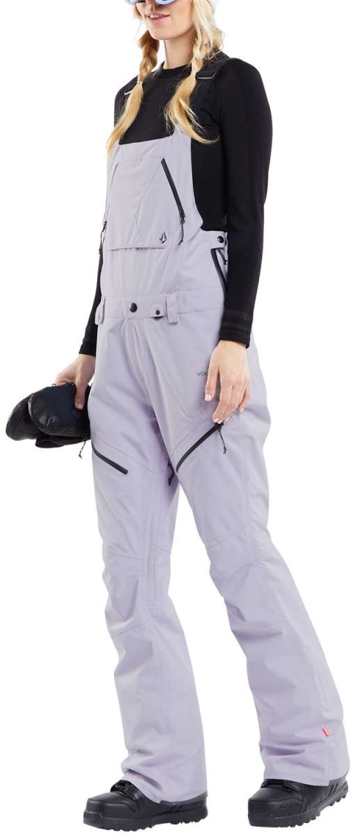 Volcom Women's Elm Stretch GORE-TEX Bib Pant - Light gray bib pant with black zippers and straps, featuring a stretchy material.
