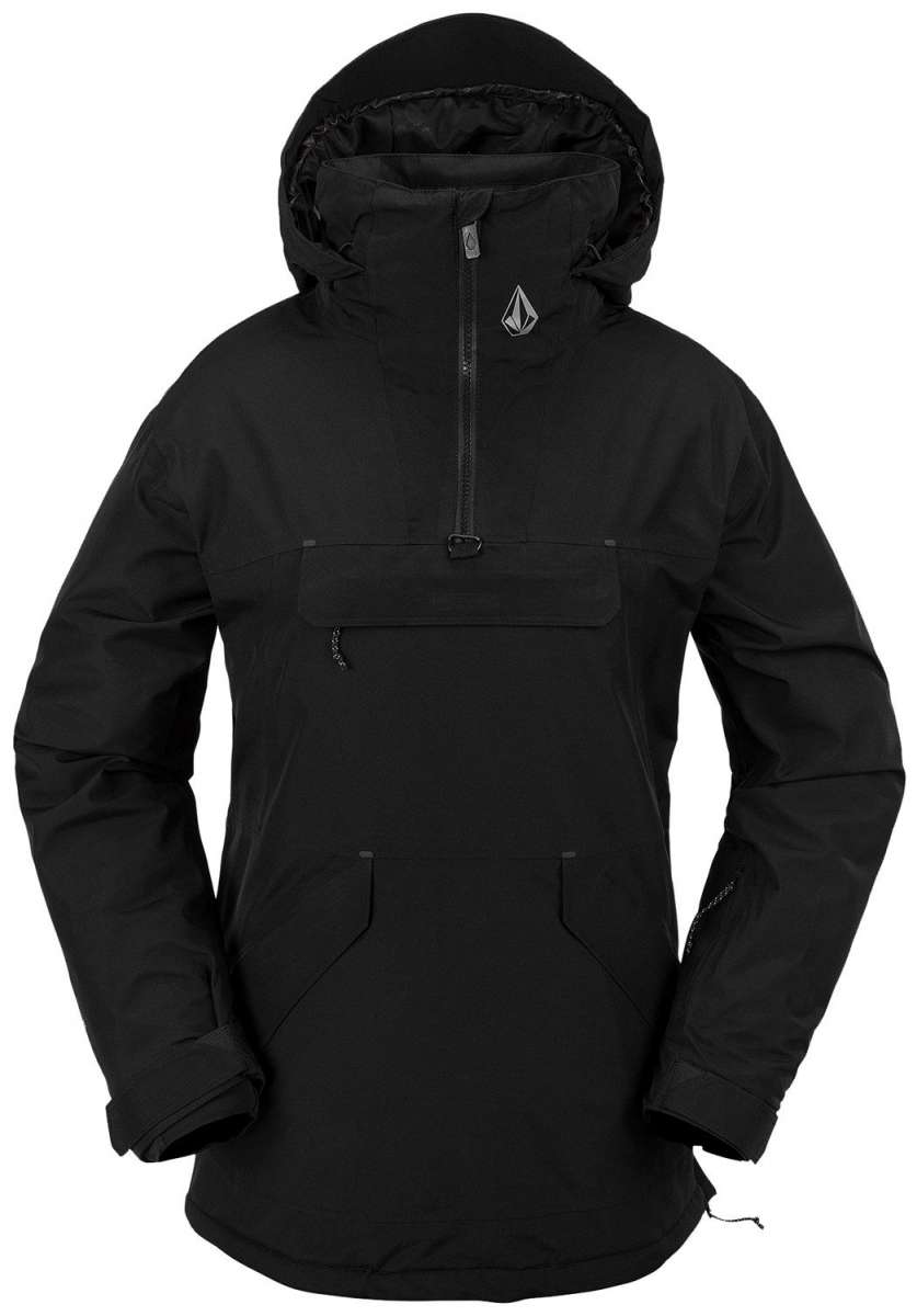 Volcom Women's Fern Insulated GORE-TEX Pullover 2024 - A black insulated pullover with a hood and zippered chest pocket, featuring a white logo on the upper left side.