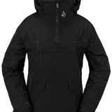 Volcom Women's Fern Insulated GORE-TEX Pullover 2024 - A black insulated pullover with a hood and zippered chest pocket, featuring a white logo on the upper left side.