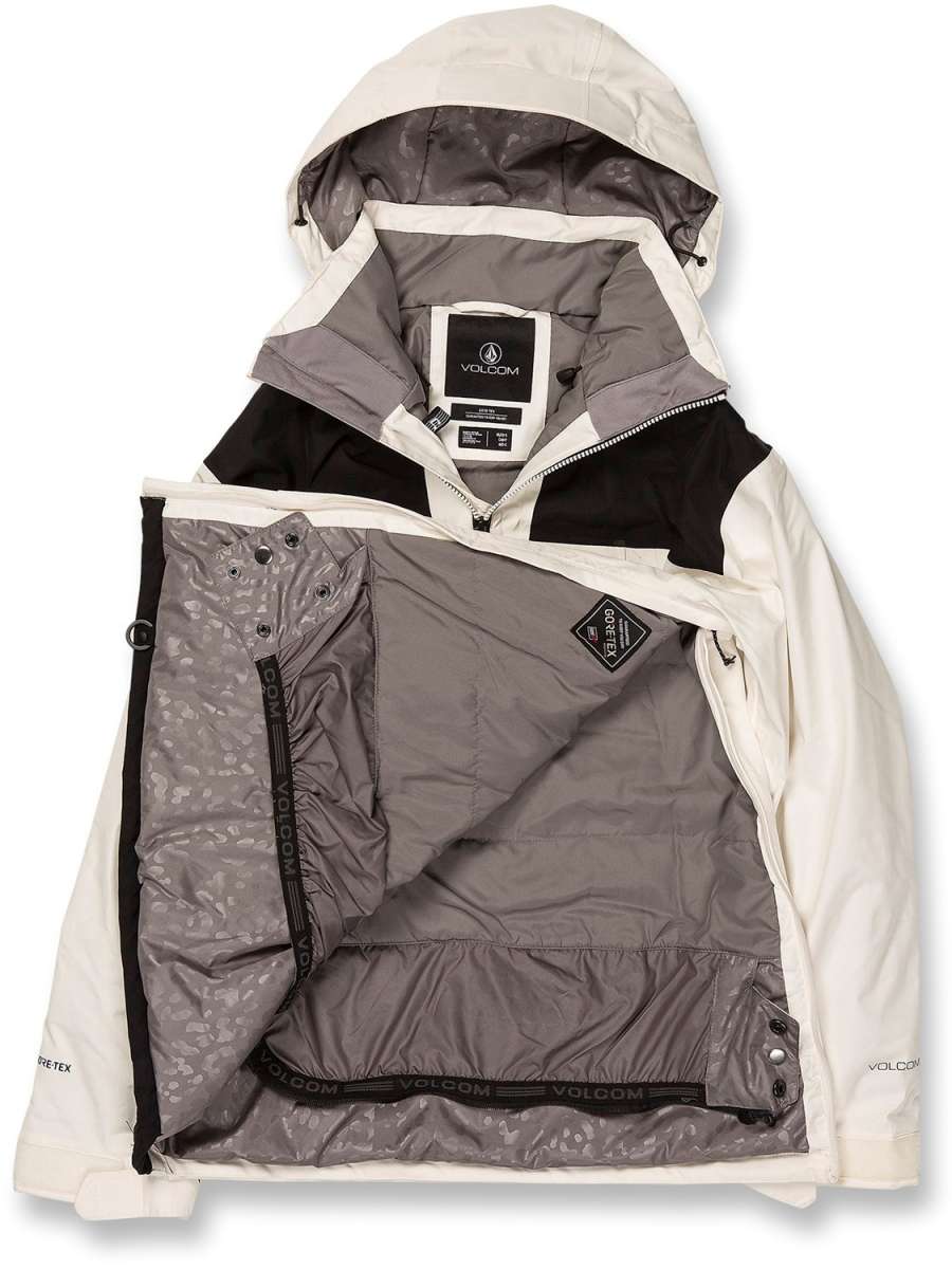 Volcom Women's Fern Insulated GORE-TEX Pullover 2024 - A black and white insulated jacket with a hood, featuring a zipper closure and two pockets on the front.
