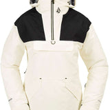 Volcom Women's Fern Insulated GORE-TEX Pullover 2024 - A cream-colored pullover with a black chest panel and hood, featuring a zipper closure and two front pockets.