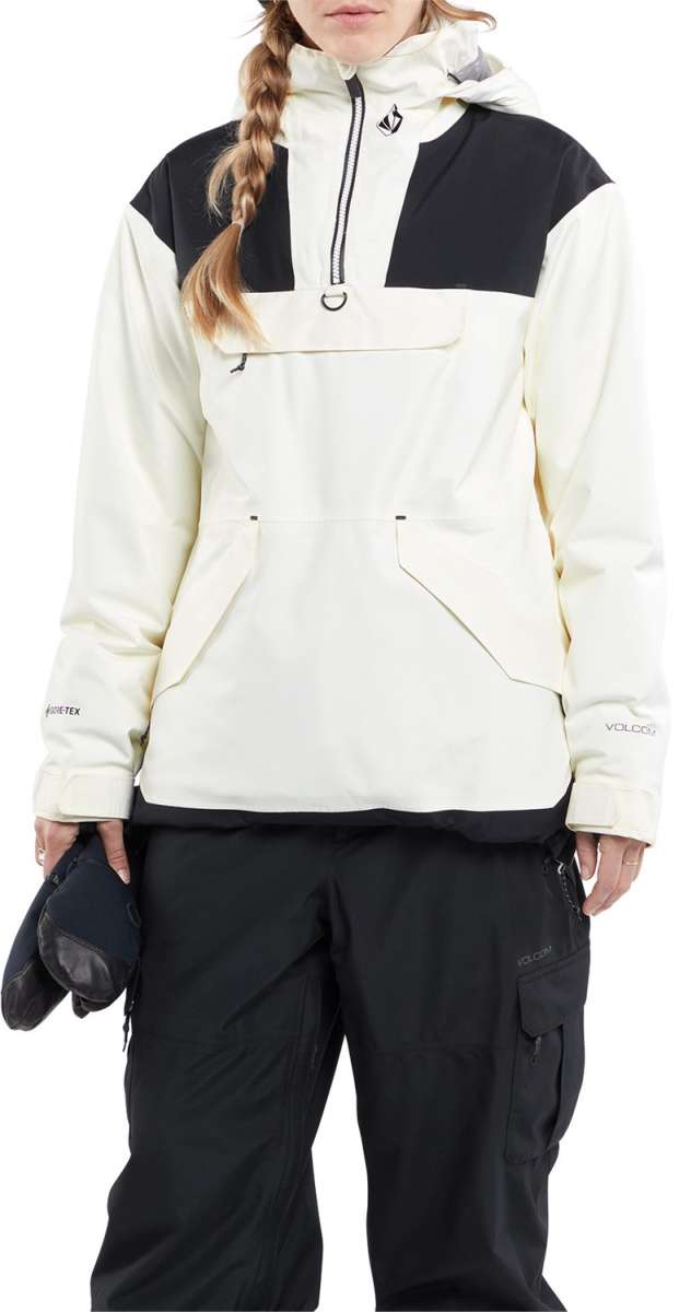 Volcom Women's Fern Insulated GORE-TEX Pullover 2024 - A cream-colored pullover with black accents on the shoulders and chest, featuring a hood and two zippered pockets.