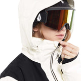 Volcom Women's Fern Insulated GORE-TEX Pullover 2024 - A black and white insulated ski jacket with a hood, featuring a zipper closure and two zippered pockets on the front.