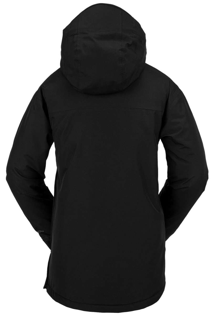 Volcom Women's Fern Insulated GORE-TEX Pullover 2024 - A black insulated pullover jacket with a hood, featuring a zippered front and two side pockets.