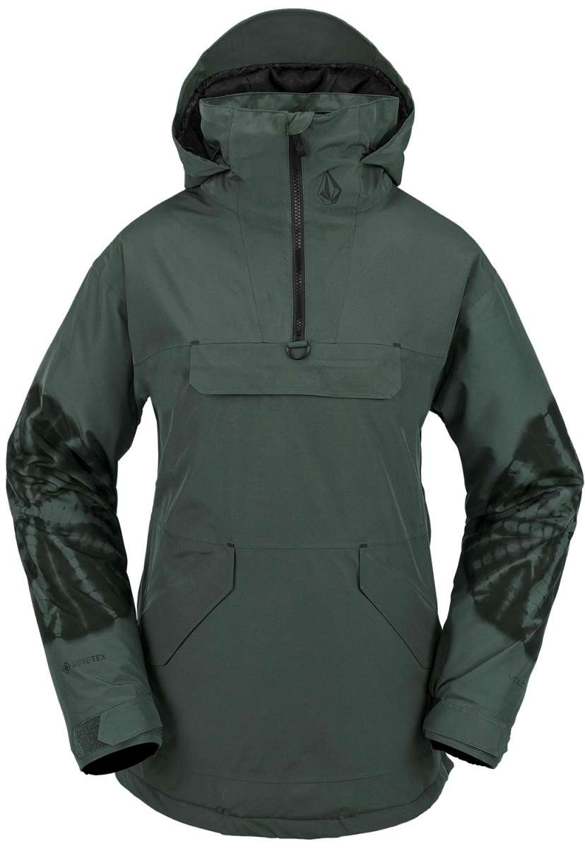 Volcom Women's Fern Insulated GORE-TEX Pullover 2024 - A dark green pullover with a hood and zippered chest pocket, featuring black hardware and a GORE-TEX logo on the left sleeve.