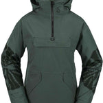Volcom Women's Fern Insulated GORE-TEX Pullover 2024 - A dark green pullover with a hood and zippered chest pocket, featuring black hardware and a GORE-TEX logo on the left sleeve.