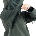 Volcom Women's Fern Insulated GORE-TEX Pullover 2024 - A dark green insulated pullover with a zippered front and two chest pockets, featuring a hood and adjustable cuffs.