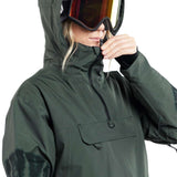 Volcom Women's Fern Insulated GORE-TEX Pullover 2024 - A dark green insulated pullover with a hood and black zipper.