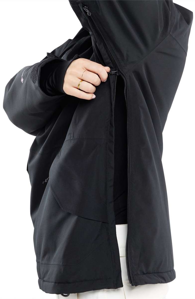 Volcom Women's Fern Insulated GORE-TEX Pullover 2024 - A black insulated jacket with a hood, featuring white lettering on the left sleeve and a zipper down the front.