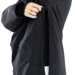 Volcom Women's Fern Insulated GORE-TEX Pullover 2024 - A black insulated jacket with a hood, featuring white lettering on the left sleeve and a zipper down the front.