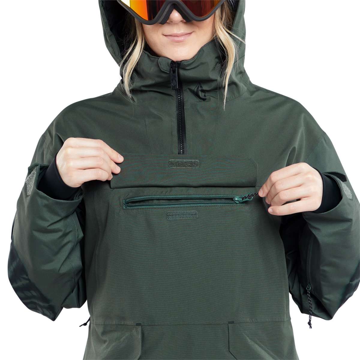 Volcom Women's Fern Insulated GORE-TEX Pullover 2024 - A dark green pullover with a hood and black zipper.