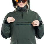 Volcom Women's Fern Insulated GORE-TEX Pullover 2024 - A dark green pullover with a hood and black zipper.