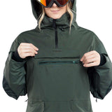 Volcom Women's Fern Insulated GORE-TEX Pullover 2024 - A dark green pullover with a hood and black zipper.