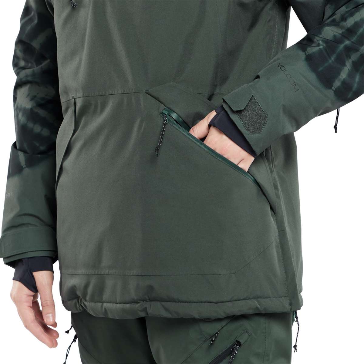 Volcom Women's Fern Insulated GORE-TEX Pullover 2024 - A dark green insulated jacket with a hood and zippered pockets.