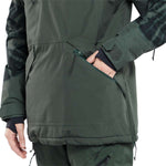Volcom Women's Fern Insulated GORE-TEX Pullover 2024 - A dark green insulated jacket with a hood and zippered pockets.