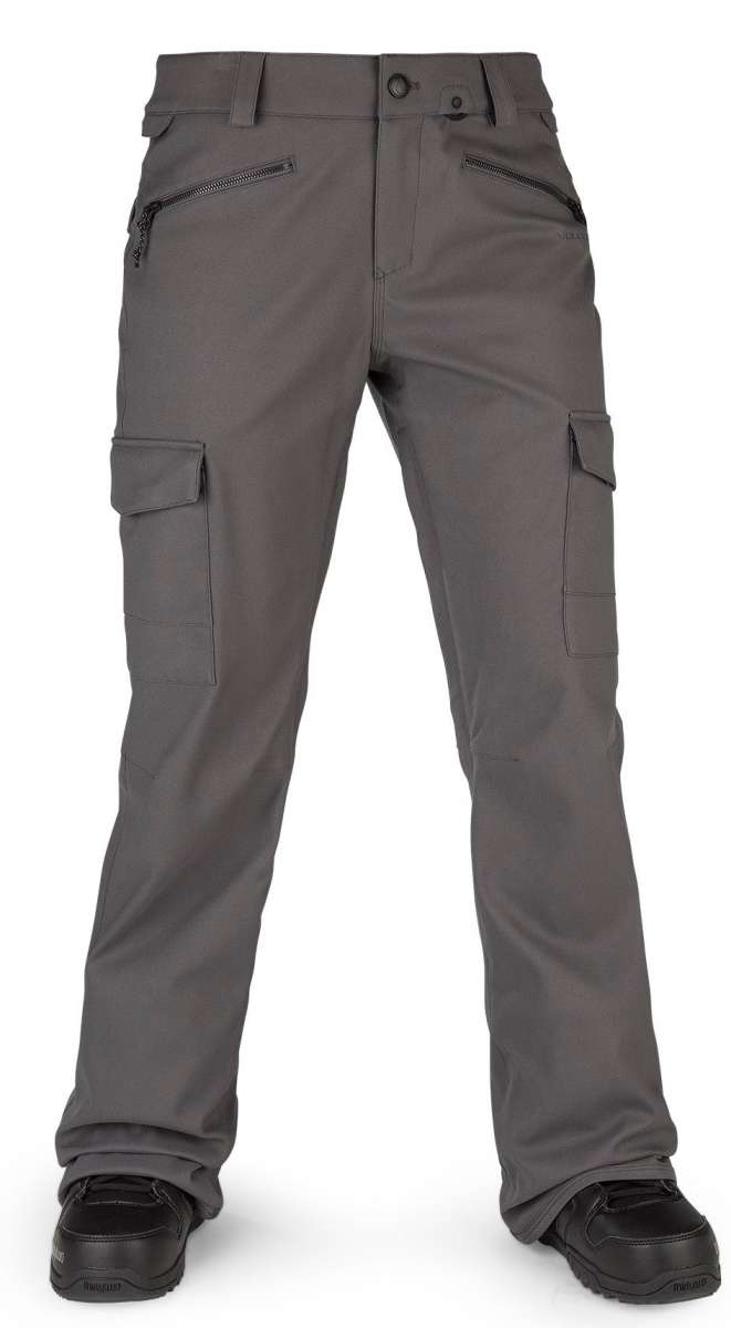 Volcom Women's Grace Stretch Pant 2022 - A pair of gray women's pants with zippered pockets and a stretchy material.