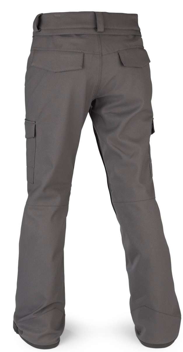 Volcom Women's Grace Stretch Pant 2022 - A pair of gray women's pants with a subtle floral pattern on the left leg, featuring a high waist and straight legs.